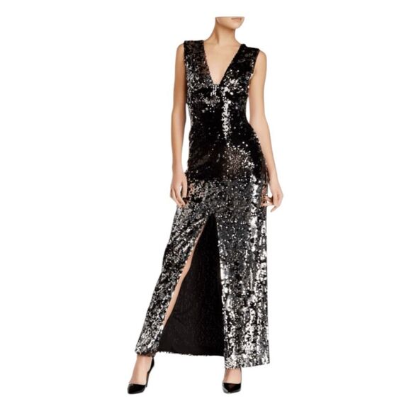 Rachel Zoe Venus Sequin Evening Gown Black Silver Sleeveless V-Neck Maxi Dress 6 - Picture 1 of 7